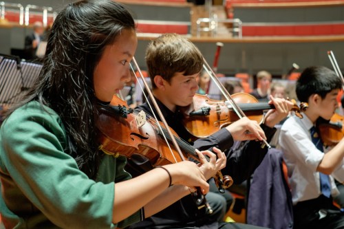 KES:KEHS Symphony Orchestra rehearsing Romany Wood at Symphony Hall (2), violins