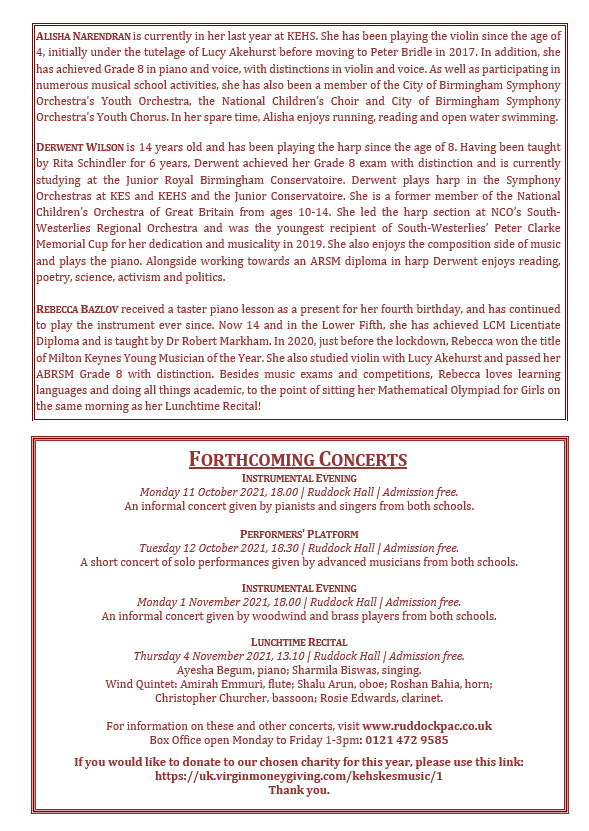 Lunchtime recital programme Thursday 7 October King Edward's School and King Edward VI High School for Girls