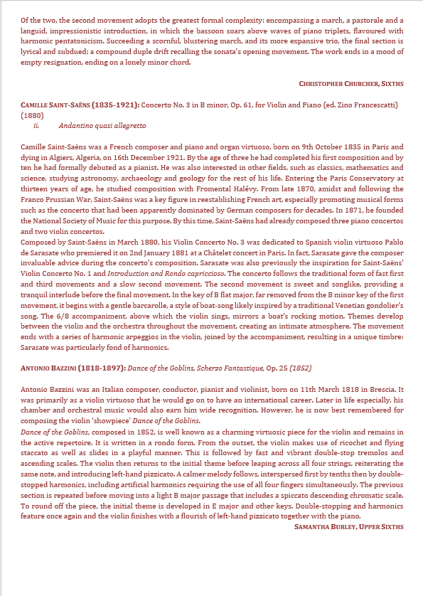 The Miss Margaret Davis Memorial Recital programme 23 September